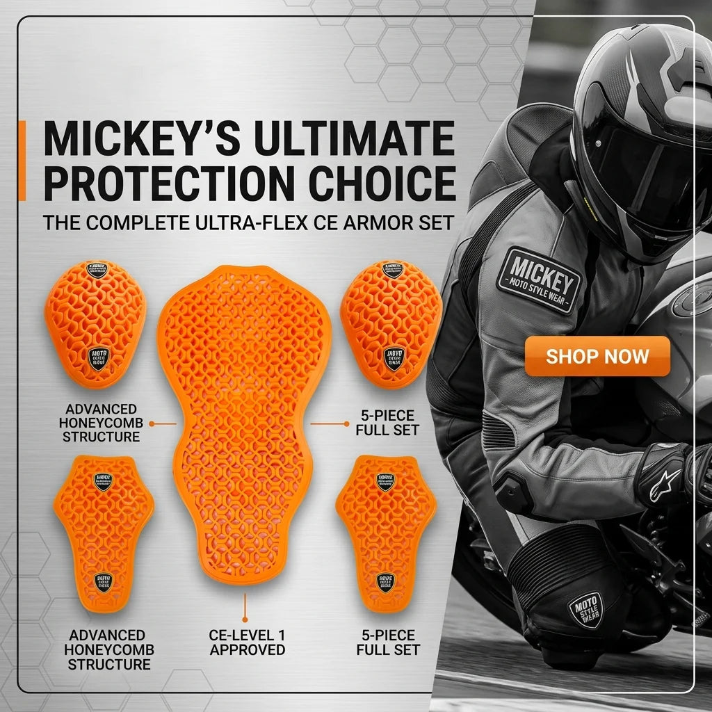 Motorcycle armor set with orange protective pads and a rider on a motorcycle, featuring the brand 'Mickey'.
