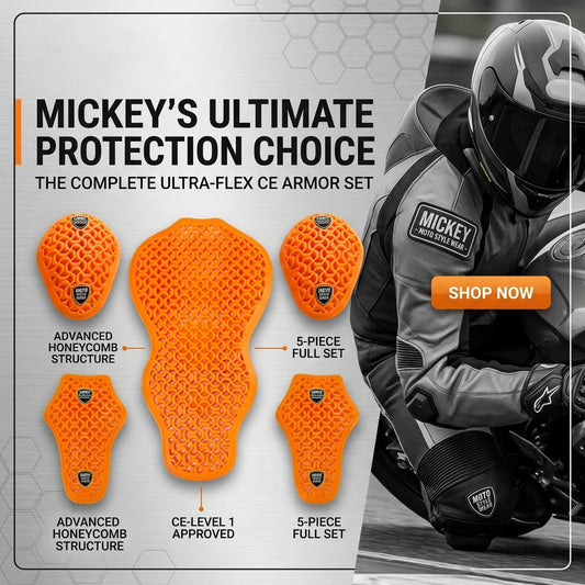Motorcycle armor set with orange protective pads and a rider on a motorcycle, featuring the brand 'Mickey'.