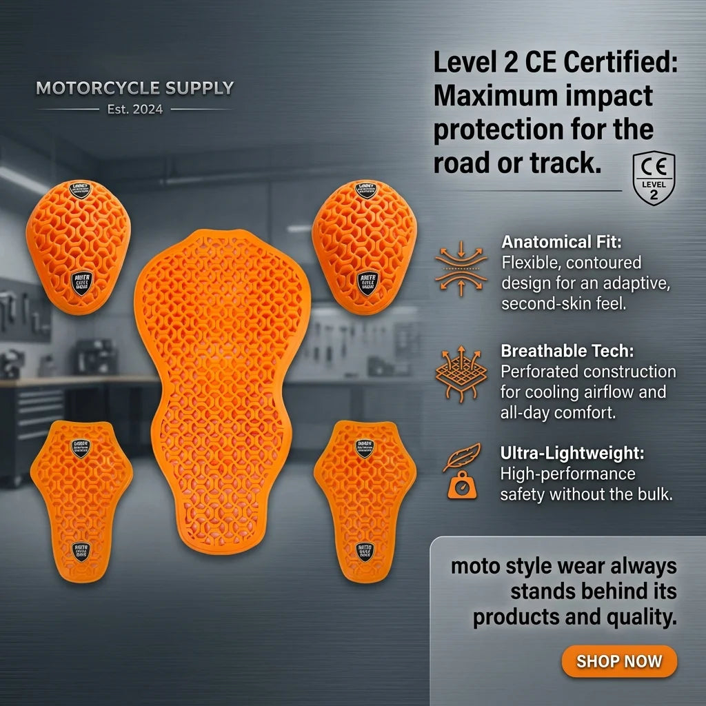 Orange motorcycle supply protective pads with features and branding on a dark background